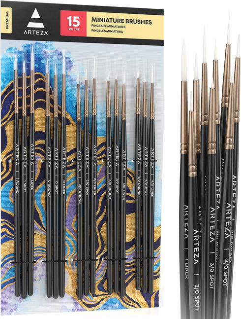 ARTEZA Detail Paint Brushes, Set of 15, Fine Detail Brush Set for Miniature Models and Canvases...