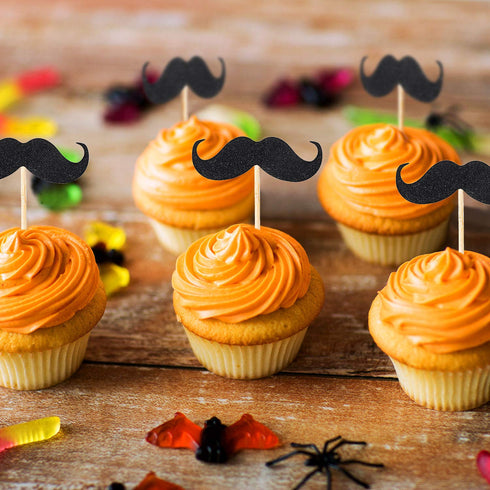 50 Pieces Mustache Cupcake Toppers Mustache Birthday Cake Topper Black Glitter Mustache Dessert Toppers for Baby Shower Kid's Birthday Party Decor...