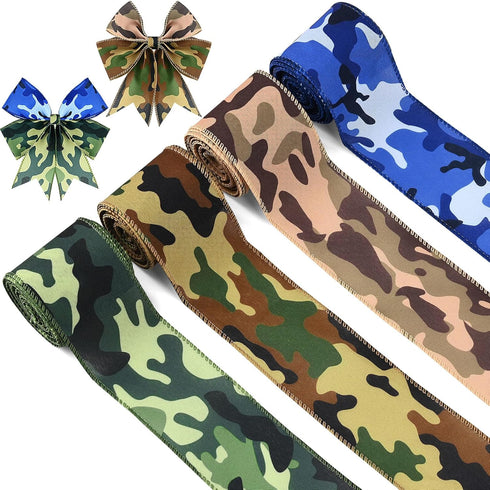 4Rolls 20 Yards Camouflage Print Wired Edge Ribbon, 2.5 Inch Wide Camo Polyester Ribbon for Gift Wrapping Wreaths Bow Making for Birthday Retireme...