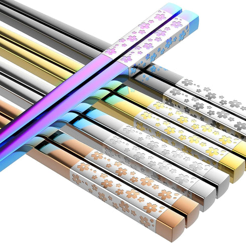 Metal Chopsticks Reusable 5 Pairs Multicolor Stainless Steel Chopsticks Dishwasher Safe Square Lightweight Non-Slip Chop Sticks Present Set...