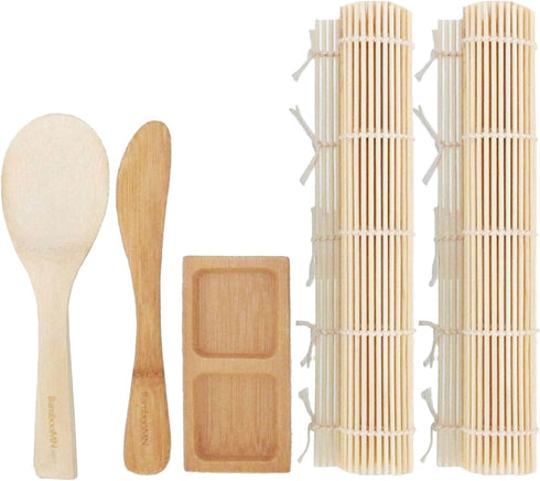 BambooMN Sushi Making Kit Rolling Mats, Rice Paddle, Spreader, Sauce Dish...