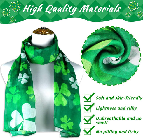 3 Pcs Women's St. Patrick's Day Scarf Long Green Shamrock Scarf Lightweight Irish Clover Silky Scarf Women Sheer Wrap Shawls Holiday Outfits Costu...