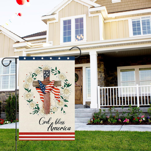 God Bless America 4th of July Garden Flag 12x18 Inch Double Sided, Patriotic Religious Cross Yard Flags Independence Day Daisy Flower Yard Banner ...