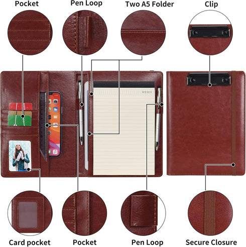 Wonderpool A5 PU Leather Clipboard Partfolio Recipe Binder Notepad Forms Holders Document Case - Interview Planner Meeting Writing Padfolio File f...