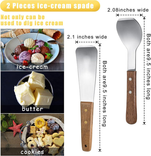 Patelai 2 Pcs Ice Cream Scoop Stainless Steel Ice Cream Shovel with Wooden Handle Dessert Spade Butter Cutter Flat Metal Spade for Dining Kitchen ...