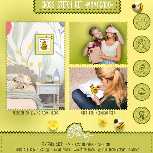 Povitrulya Counted Cross Stitch Kit 'Mamacado' - Embroidery Set with Pre-Sorted Cotton Floss, 14 Count Aida Fabric, Paper Pattern, DIY Gift, Baby ...