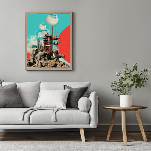 Posterizer 1 pcs-retro futuristic collage with old buildings and planets-Abstract & Modern Art-Astronomy & Celestial Art-Gift for Art Lovers-Gift ...