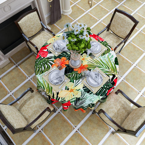 Tropical Round Tablecloth, Hawaiian Palm Tree Hibiscus Flowers Plants Tablecloths, Aloha/Luau Theme Party, Wipeable Waterproof Table Cloth for Fam...