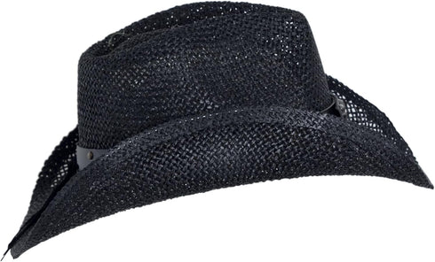 Black Straw Cowboy Hat for Men, Faux Leather, Longhorn, Shapeable Brim...