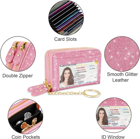 Double Zipper Credit Card Holder RFID Blocking Coin Pouch Slot Glitter Shining Leather Small Cute Card Wallet for Women with Keychain, Pink Glitte...