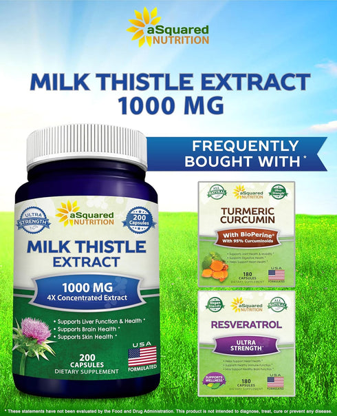 aSquared Nutrition Milk Thistle Supplement 1000mg-200 Capsules,Max Strength 4X Concentrated Extract 4:1 Milk Thistle Seed Powder Herb Pills, 1000 ...