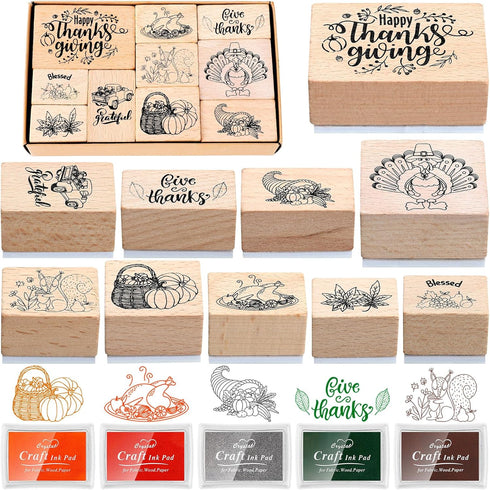 15 Pieces Thanksgiving Wooden Rubber Stamps and Craft Ink Pads Wooden Rubber Stamp for Scrapbooking and DIY Craft Card Stamps Pads for Kids Stamps...
