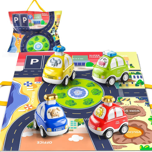TEMI 4PCS Inertia Animal Car Toys with Play Mat/Storage Bag for Toddlers Toy Age 1-3, Baby Toys 1 2 3 Years Old Boys Birthday Newborn Gifts...