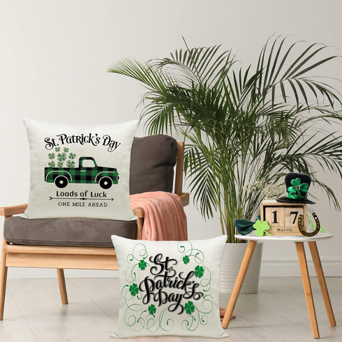 Ueerdand St Patrick's Day Pillow Covers Set of 4 18x18 Inch Shamrock Happy St Patrick's Day Decorations Green Clover Buffalo Plaid Lucky Truck Dec...