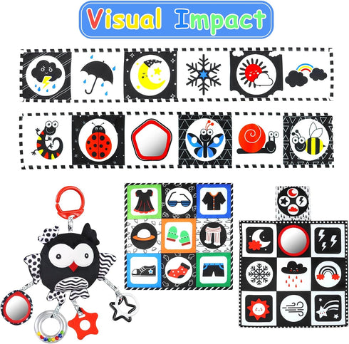 Black and White High Contrast Baby Toys 0-6 Months with Mirror, Crinkle and Rattles, Soft Baby Toys for Brain Development Montessori Sensory Tummy...