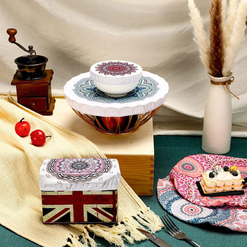 Patelai 10 Pieces Bowl Covers Reusable in 5 Size Stretch Cloth Fabric Bowl Covers Elastic Food Storage Covers Cotton Bread Bowl Covers Reusable Li...