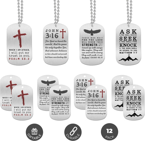 Inkstone Dogtag Necklaces | (4 Pack) | Bible Verses Psalm 56:3, Isaiah 40:31, and Matthew 7:7" | Wholesale Bulk Religious Party Favors and Christi...