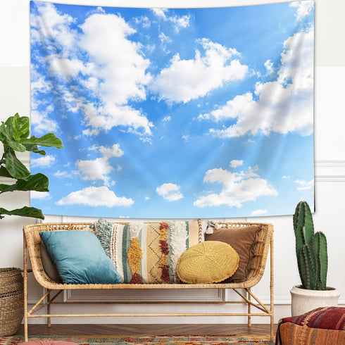 Light Blue Wall Decor Tapestry Blue Sky White Clouds Natural Landscape Tapestries Wall Art Hanging, Summer Sunny Peace Nature Aesthetic Tapestry f...
