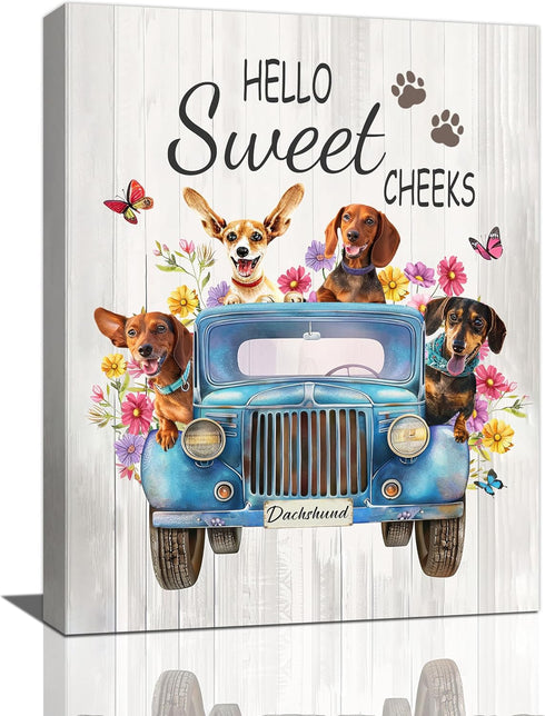 Dachshund Dog Wall Art Funny Dog driving Car Pictures Wall Decor Farmhouse Sausage Dog Truck Decor Painting Prints Artwork Framed for Bathroom Kit...