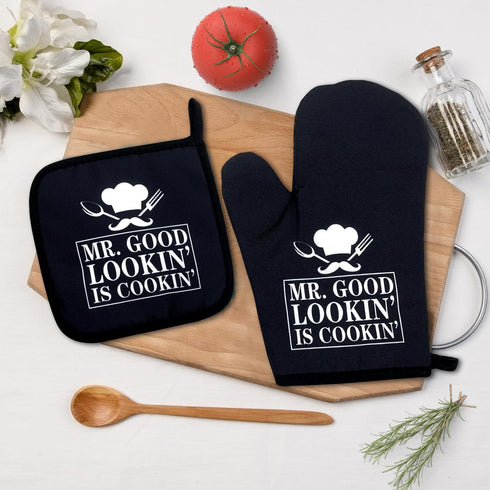 Mr.Good Looking is Cooking,Funny Oven Mitts and Pot Holders Sets of 2,Silicone Non-Slip Oven Mitts,Kitchen Gift for Men,Cooking Baking BBQ Gifts,H...