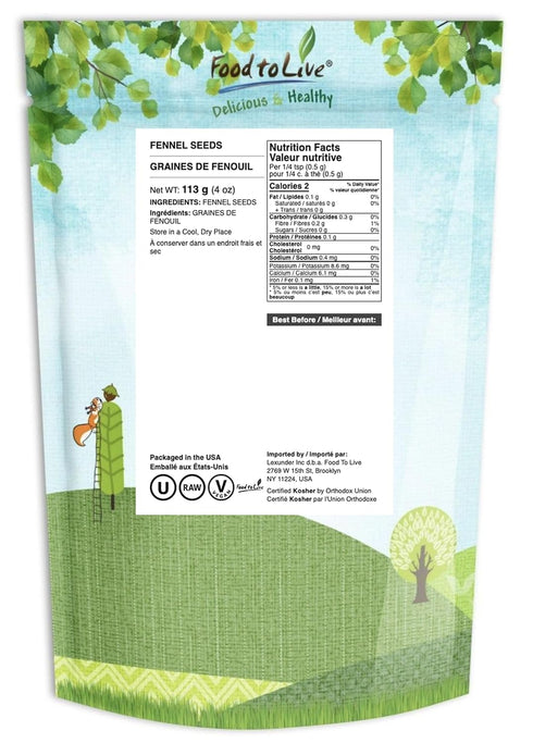 Food to Live Fennel Seeds, 4 Ounces – Whole, Raw, Non-Irradiated, Non-GMO, Kosher, Vegan, Bulk, Sweet Licorice Flavor, Perfect for Fennel Tea, Coo...