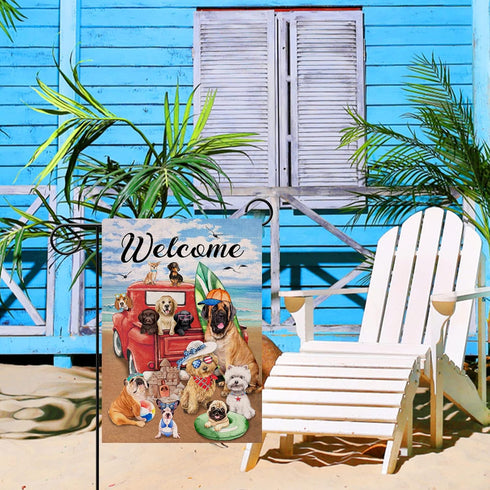 Welcome Summer Dogs Red Truck Beach Garden Flag Double Sided, Ocean Coastal Nautical Pickup Decorative Yard Outdoor Small Decor Home Outside Decor...