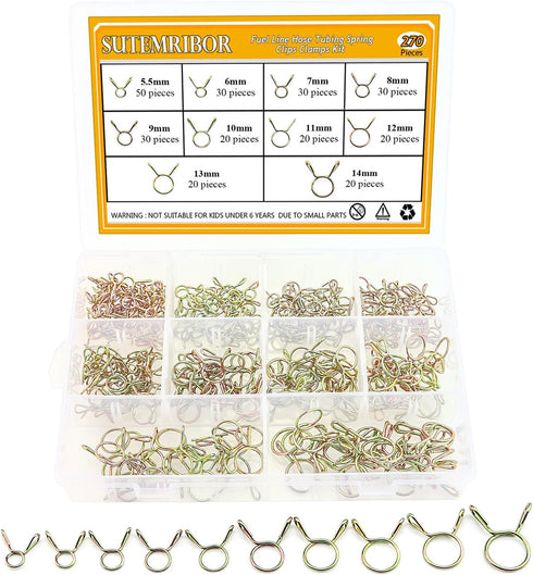 270 Pieces 10 Sizes Fuel Line Hose Tubing Spring Clips Clamps Assortment Kit for Motorcycle Scooter ATV, 5.5-14mm...