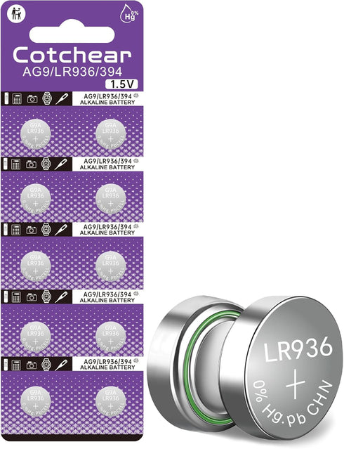 Cotchear AG9 LR936 Battery 10Count 1.5V G9 LR936 194 L936 Button Batteries for Watch Toys Clock for Many Small Electronics...