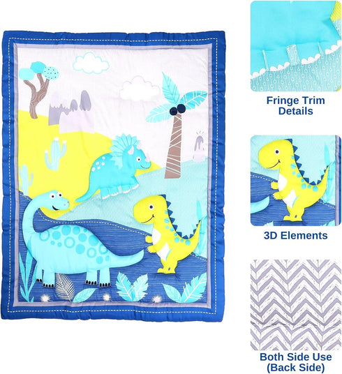 Dinosaurs Crib Quilt for Baby Boys and Girls | Microfiber Crib Comforter for Standard Size Crib | Super Soft Reversible Baby Quilted Blanket...