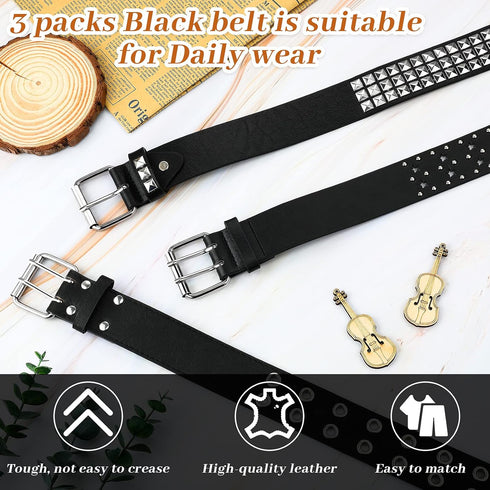 Syhood 3 Pieces Studded Belt Punk Rivet Double Grommet Belt Faux Leather Gothic Goth Black for Men Women Gift...