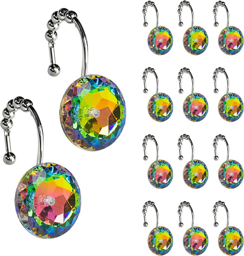 Sunlit Luxury Design Glitter Round Colorful Diamond Crystal Gem Bling with Glide Balls Shower Curtain Hooks, Rust Proof Metal Rhinestones Glam Sho...