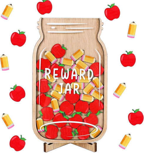 Back to School Wooden Reward Jar Apple Pencil Wooden Cutouts Positive Incentive Behavior Chart with Wooden Base Management Tools for Student Teach...