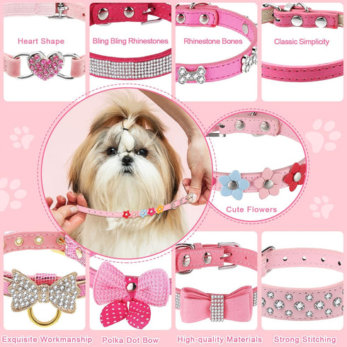 9 Pieces Pink Rhinestones Dog Collar PU Leather Girl Puppy Collars Bling Crystal Cat Dog Collar with Bow Bone Heart Flower for Pets Dogs Cats Coll...