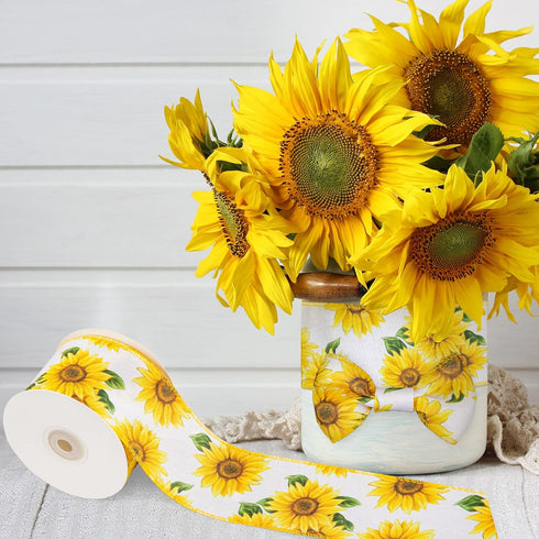 Whaline Summer Sunflower Wired Edge Ribbon 10 Yard x 2.5 Inch Spring Summer Flower Ribbon Farmhouse Fabric Decorative Craft Ribbon Roll for Gift W...