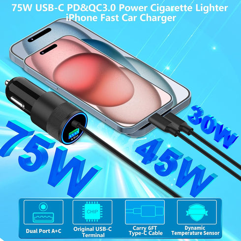 ?MFi Certified?iPhone 15 Fast Car Charger, Braveridge 75W Dual USB-C PD&QC Car Power Cigarette Lighter USB Car Charger Adapter with 6FT Type-C Cab...