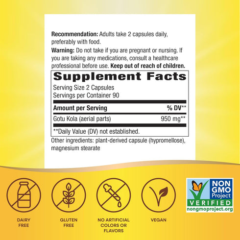 Nature's Way Gotu Kola - 950 mg per 2-capsule serving - Supports Vitality & Longevity* - Gluten & Dairy Free - Non-GMO Project Verified - 180 Vega...