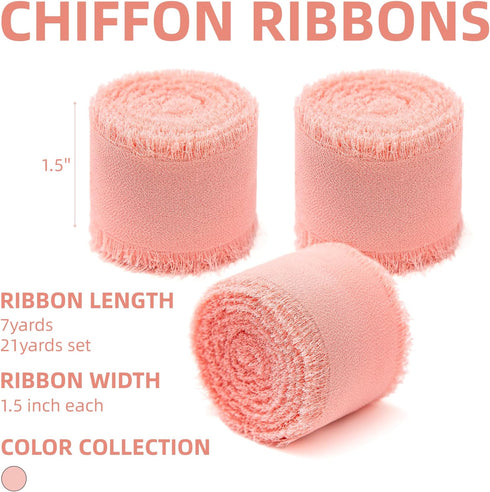 3 Rolls Blush Pink Handmade Chiffon Ribbon,1.5" x 21Yd Frayed Fringe Silk Ribbons (3 Rolls *7Yd) for Gifts Wrapping, Wedding Invitations, Bridal B...