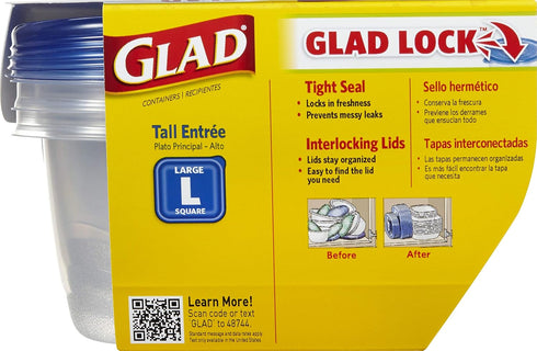 Glad GladWare Tall Entrée Food Storage Containers | Large Square Containers for Food Hold up to 42 Ounces of Food, 3 Count | Strong and Sturdy Lar...