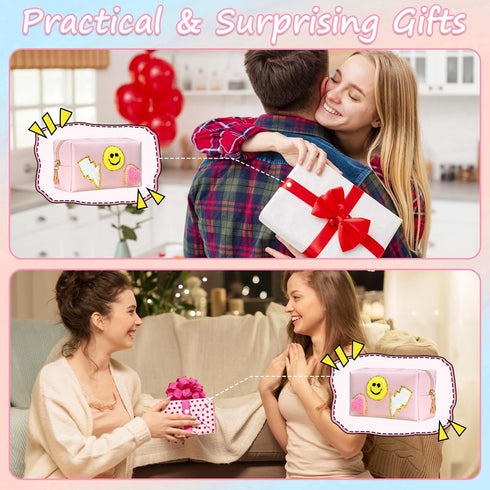 WECOOL Preppy Makeup Bag, Waterproof PU Leather Smiley Face Patch Makeup Bag Preppy, Travel Makeup Bag with Plenty of Space, Portable Cute Toiletr...