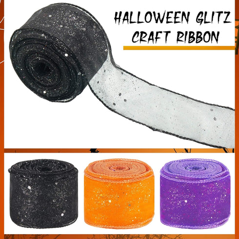 Craftsatin 3 Rolls 60 Yards Halloween Decor Mesh Ribbon Wired Edge Craft Ribbon 2.5 Inch x 60 Yards Purple Orange Black Glitter Ribbon for Gift Wr...