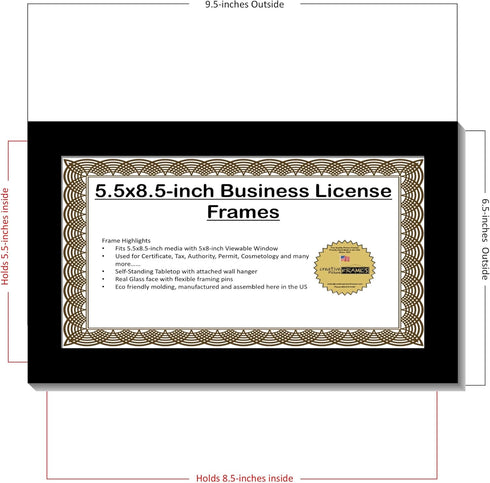 Creative Picture Frames 5.5X8.5Bk Business License Frame with Self Standing Easel and Wall Hanger for More Versatility...