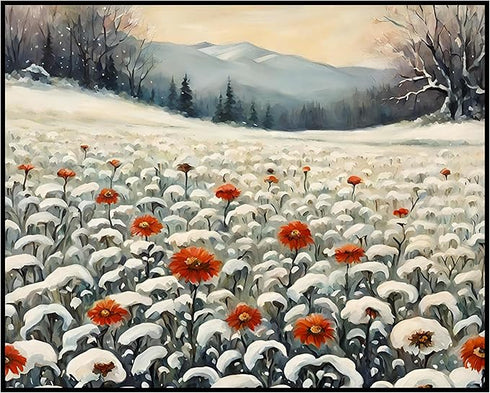 Posterizer 1 pcs-snowy winter flowers scene in oil painting style-1-Landscape & Nature Art-Floral & Botanical Art- Dining Room Decor- unframed wal...