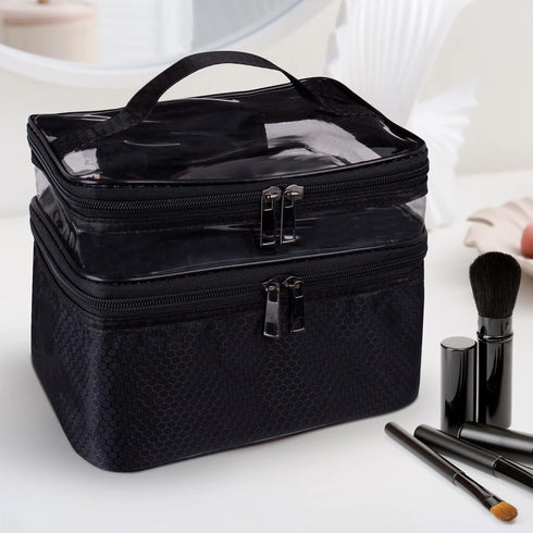 Makeup Organizer Travel Skincare Bag - Double Layer Makeup Bag for Travel Essentials Makeup Organizer Travel Bag Clear Makeup Bag with Brush Compa...