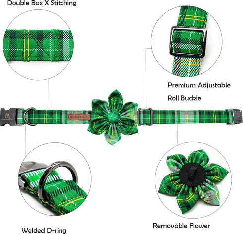 Lionheart glory St. Patrick's Day Dog Collar with Flower Dog Collar for Medium Dogs, Green Plaid Collars Spring Dog Collar Flower Pet Collar Bows ...