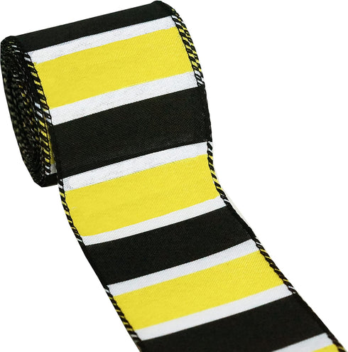 Black, White and Yellow Stripes Wired Ribbon, Bee Wired Ribbon, Spring and Summer Burlap Ribbon for Decorative 2.5”x10yds (Yellow, Black&White)...