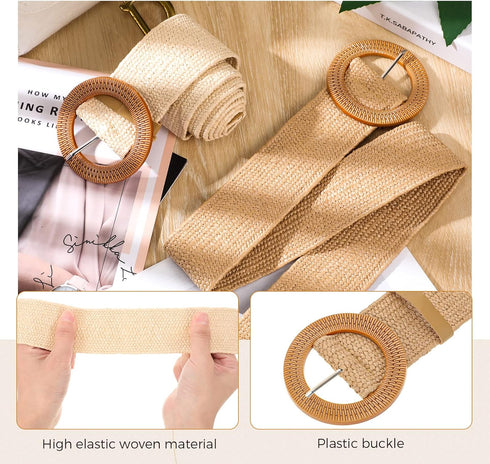 6 Packs Women Belt Straw Woven Elastic Wide Stretch Waist Belt Rattan Earrings Set, Tassel Hoop Drop Dangle Bohemian Fashion Earrings and Dress Br...
