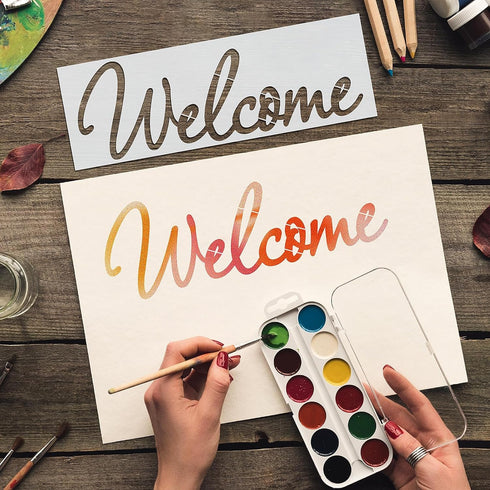 4 Pieces Welcome Stencils Welcome Stencils Templates Reusable Plastic Welcome Templates Stencil Set for Painting on Wood Wall Fabric Rock Chalkboa...