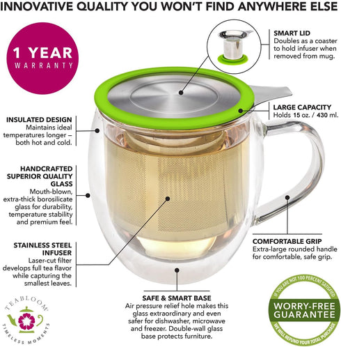 Teabloom Double-Wall Borosilicate Glass Mug with Stainless Steel Infuser and Lid – 15 OZ / 430 ML – 2 Gourmet Tea Flowers Included...