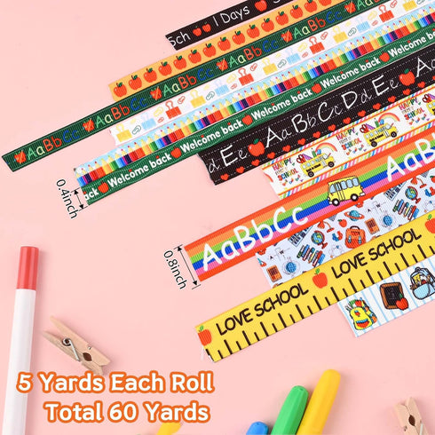12Rolls 60 Yards Back to School Grosgrain Ribbon Colorful School Bus Pencil Book Apple Patterned Fabric Ribbon Teacher Grosgrain Ribbon for Gift W...