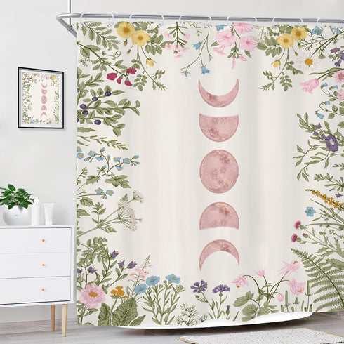 Riyidecor Witchy Moon Phase Shower Curtain for Bathroom Decor 72Wx72H Floral Pink Rustic Wildflower Plant Leaves Botanical Herbs Nature Art Printe...